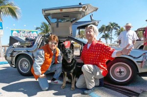 A mock Doc and Marty pose with a pooch Founders Day, on Feb. 14.